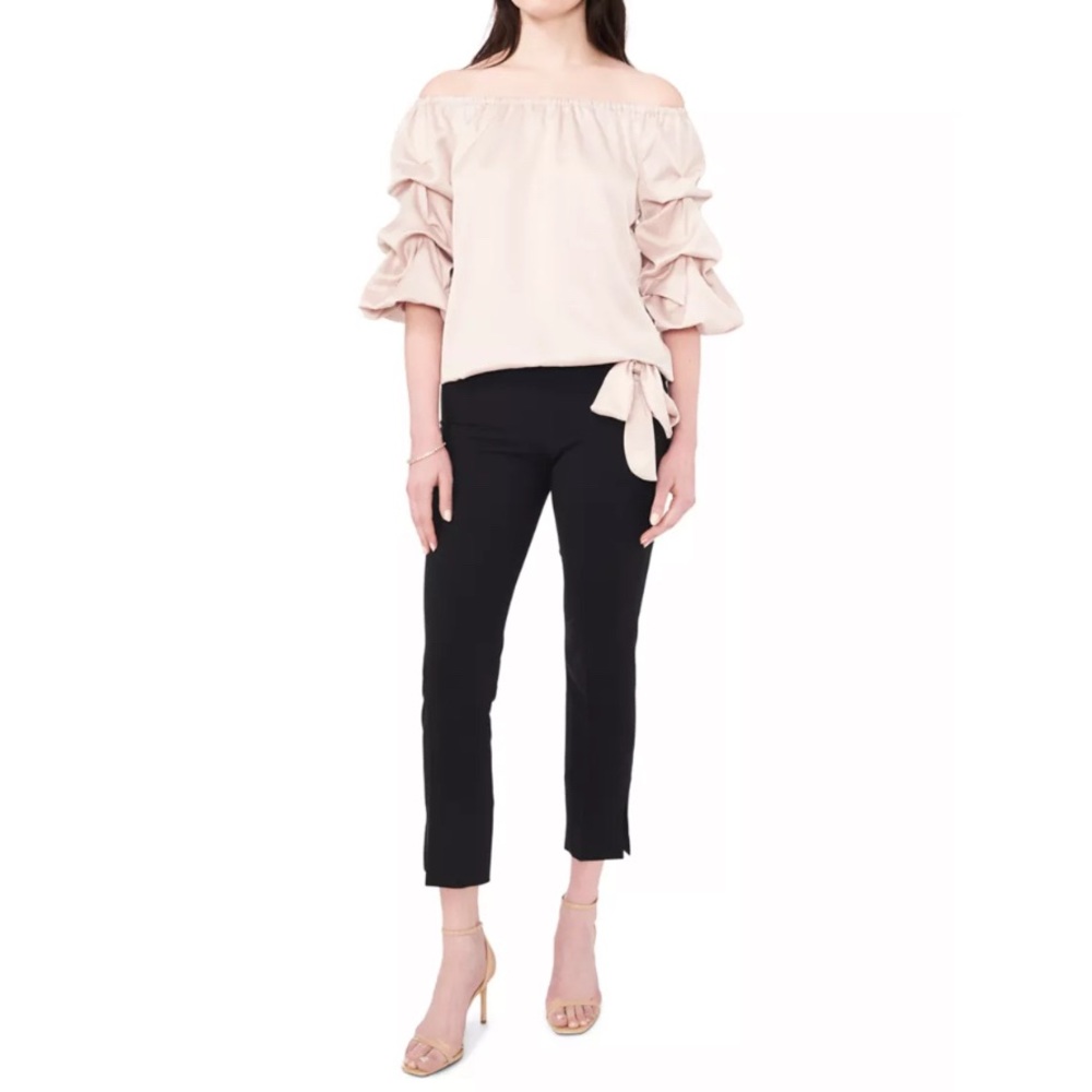 Elegant Off-Shoulder Champagne Pink Blouse Cha Cha Sleeves Bow Size 2X
